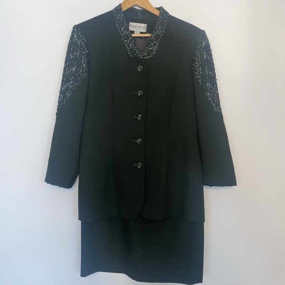 Vintage John Meyer Norwich Beaded Skirt Suit Forest Green Evening Glam Women 8 M